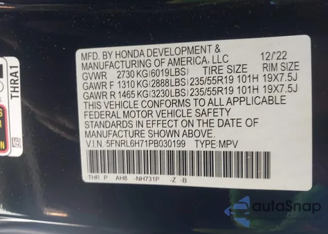 2023 Honda Odyssey Sport z USA, uszkodzony, nr VIN 5FNRL6H71PB030199